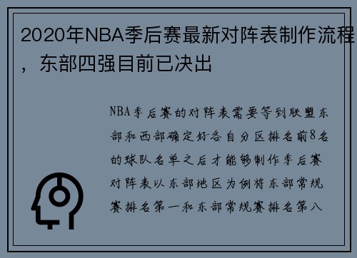 2020年NBA季后赛最新对阵表制作流程，东部四强目前已决出