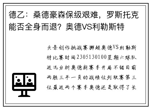 德乙：桑德豪森保级艰难，罗斯托克能否全身而退？奥德VS利勒斯特