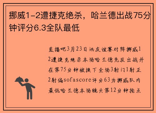 挪威1-2遭捷克绝杀，哈兰德出战75分钟评分6.3全队最低